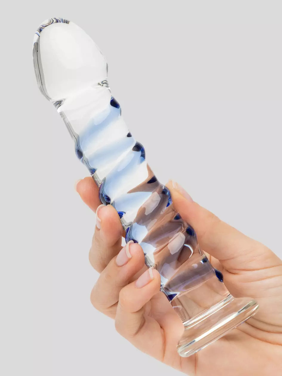 Crystal Glass Dildo Dong Thruster Blue Swirls Thick Textured Adult Sex Toy NEW