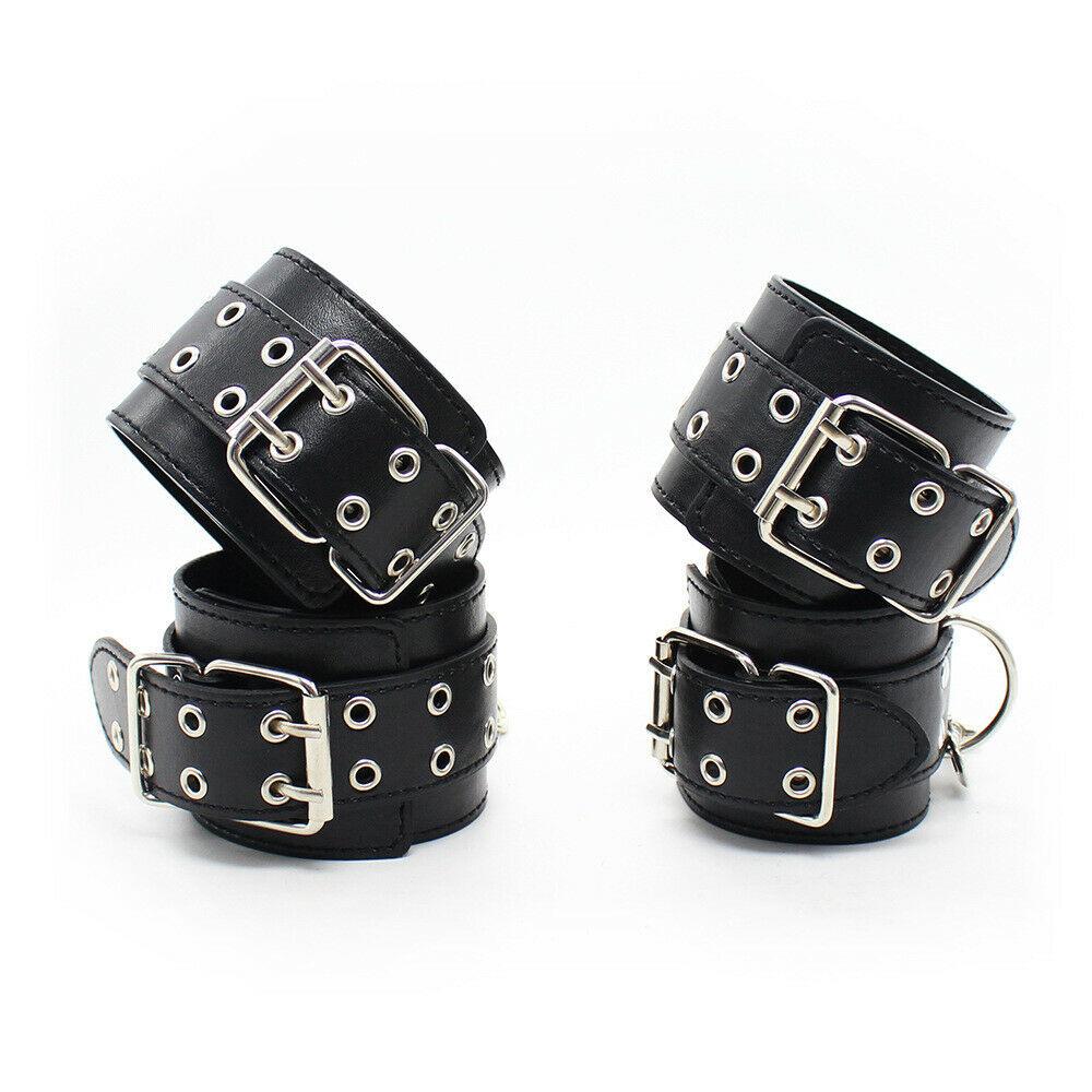 5pcs BDSM Handcuffs Ankle Cuffs Collar Fetish Bondage Kit Restraint PU Leather