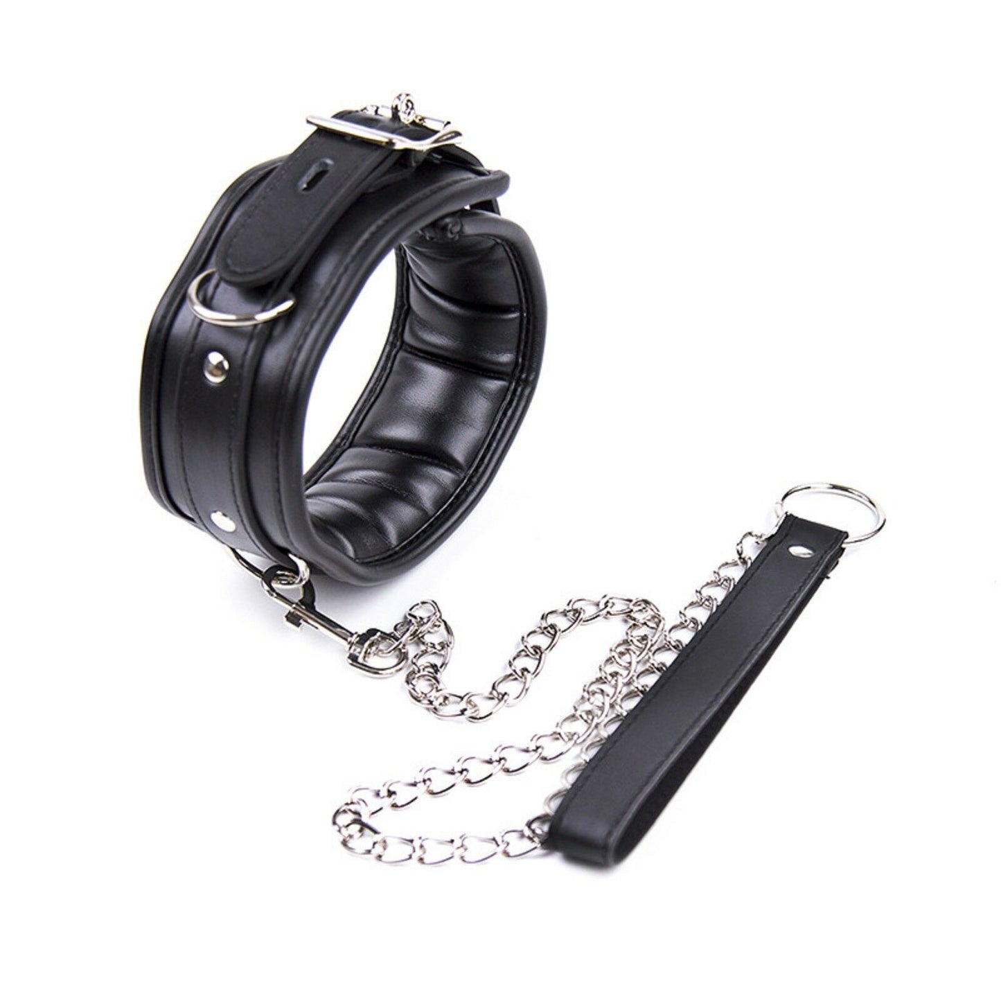 BDSM PU Leather Bondage Collar Leash Metal Chain Restraint Couple Adult/Sex Toy