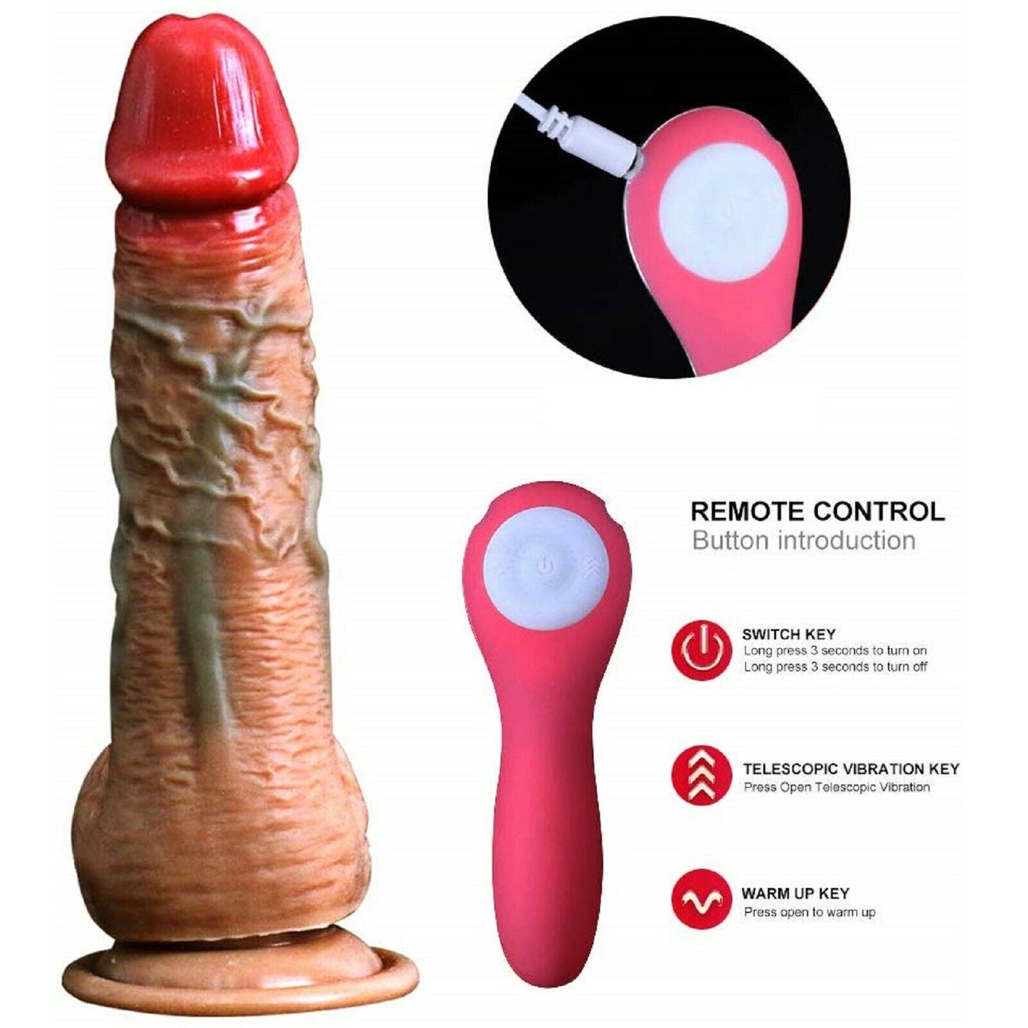 Thrusting Vibrating Dildo Realistic Telescopic Heating Vibrator G Spot Sex Toy