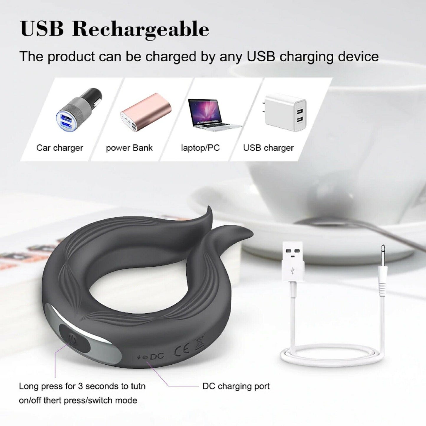 Vibrating Cock Ring USB Penis Vibrator Ring Couples Delay Mens 10 Modes Sex Toy