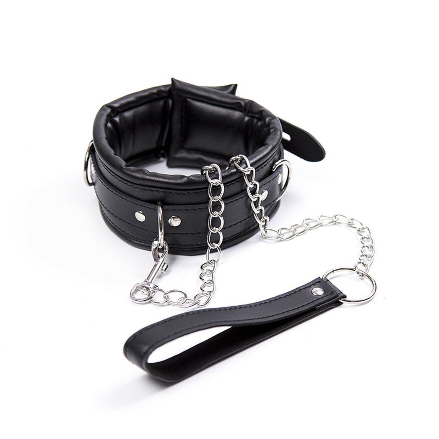 BDSM PU Leather Bondage Collar Leash Metal Chain Restraint Couple Adult/Sex Toy