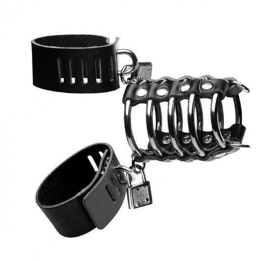 BDSM Cock Penis Cage Male Chastity Restraint Bondage Ball Stretcher Ring Leather